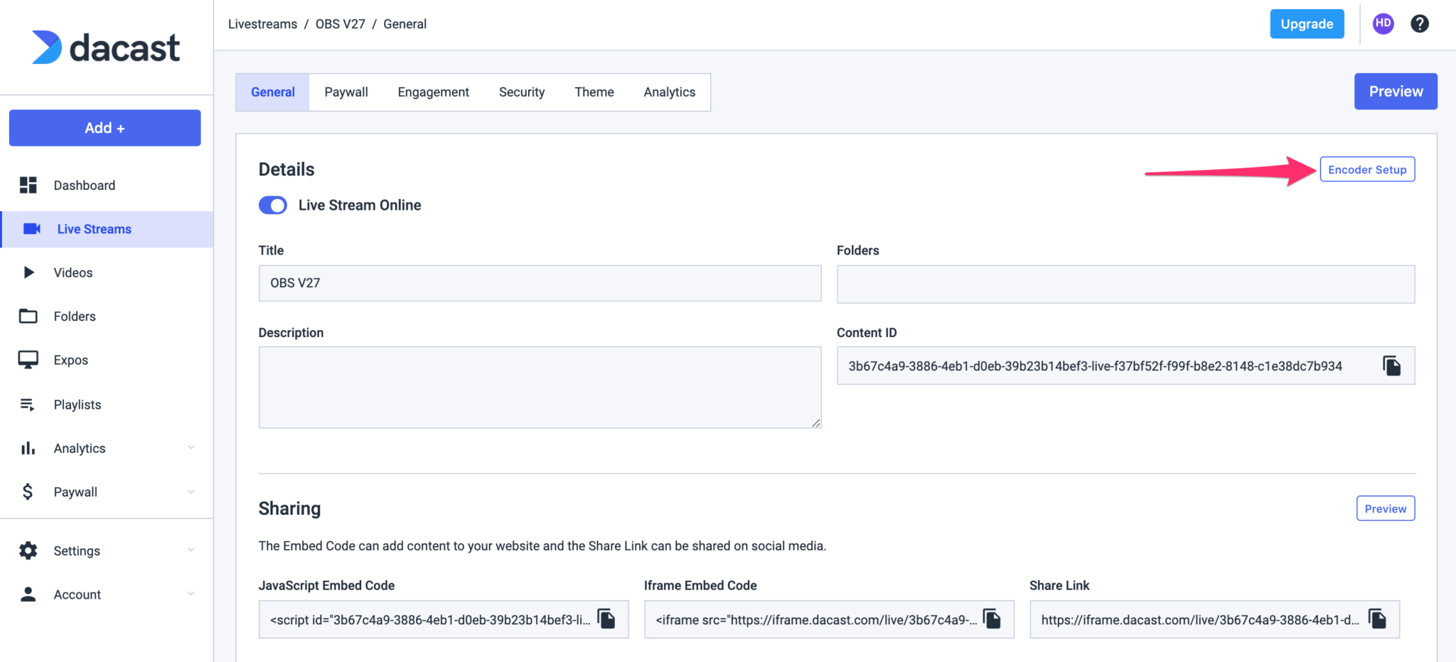 Configurazione dell'encoder OBS V27 Dacast