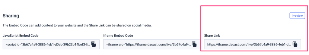 Preview share link options Dacast account