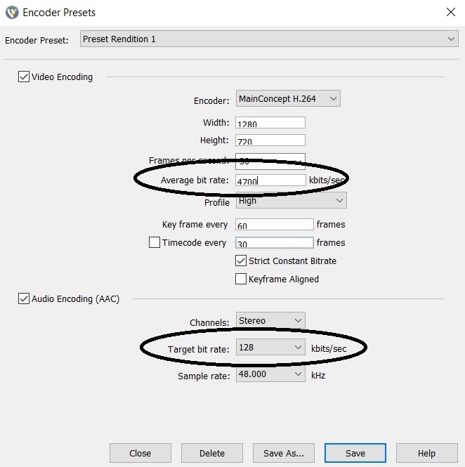 Impostazioni bitrate Wirecast - Rendimento predefinito del codificatore 1