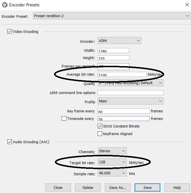 Impostazioni bitrate Wirecast - Preset del codificatore Rendition 2