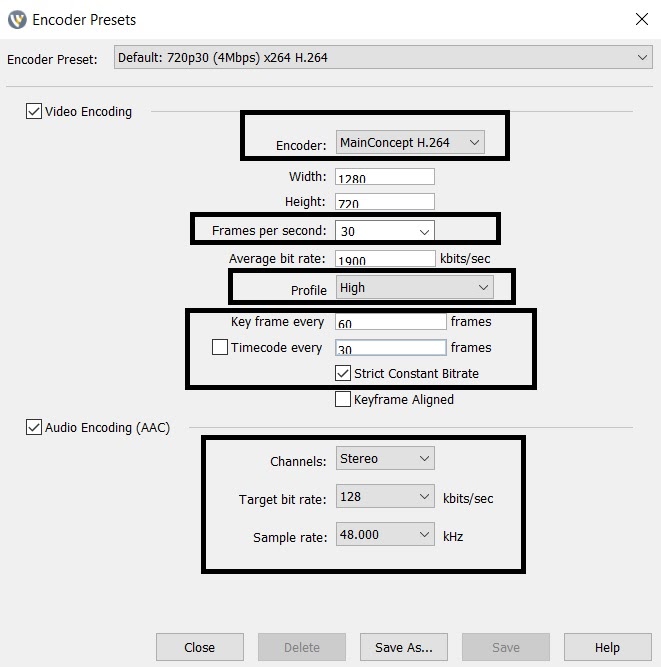 Impostazioni bitrate Wirecast - Preset del codificatore