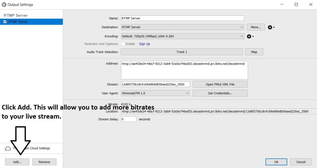 Wirecast Bitrate Settings - Name RTMP Server (Paramètres de débit de Wirecast - Nom du serveur RTMP)