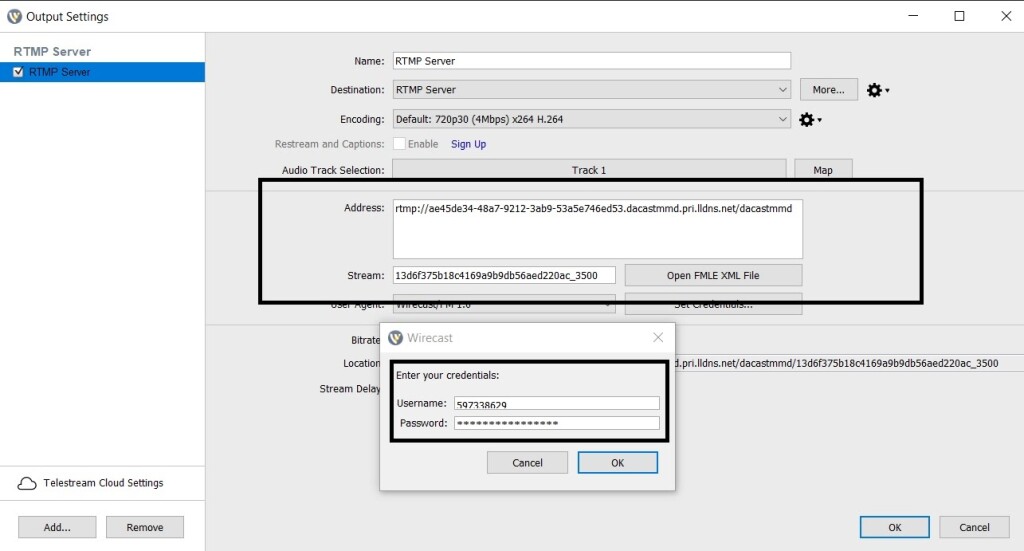 Paramètres de débit de Wirecast - Serveur RTMP