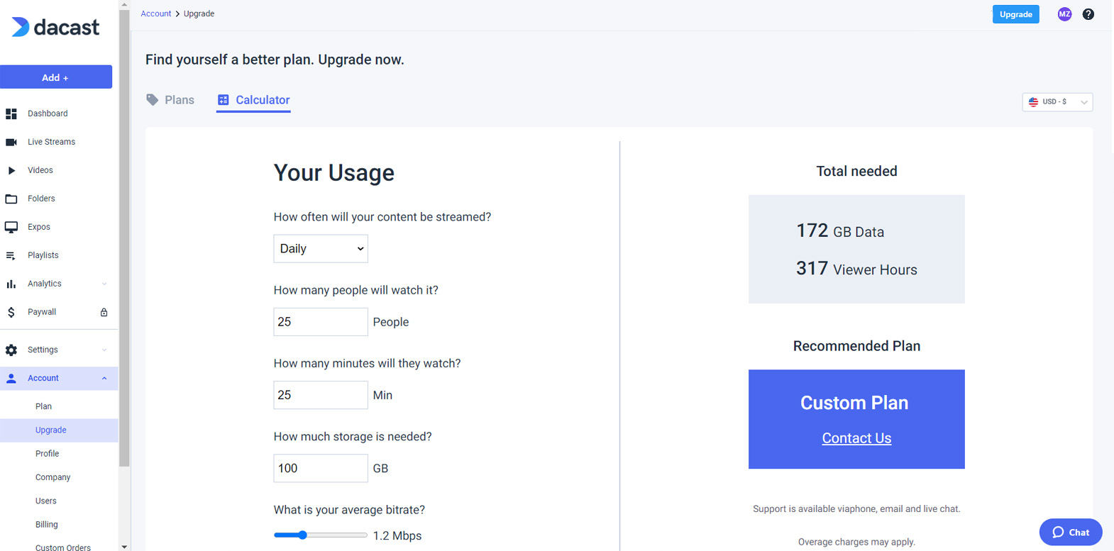 Dacast - Upgrade - Plans - Calculator