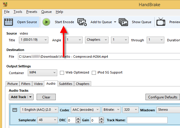 Bouton de démarrage de l'encodage HandBrake