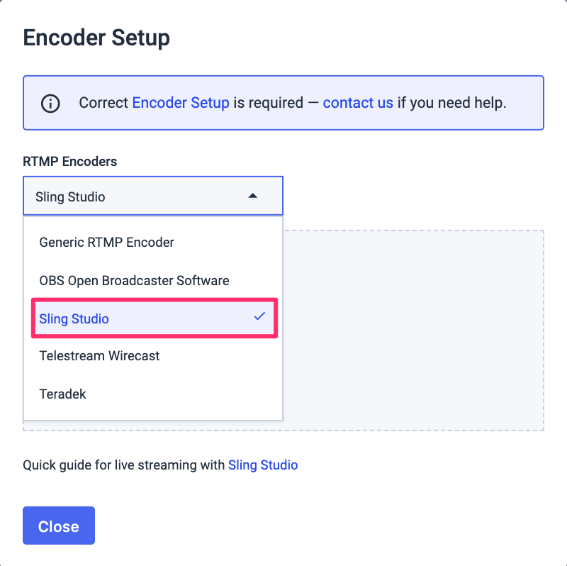 Configuración del codificador de selección de Sling Studio