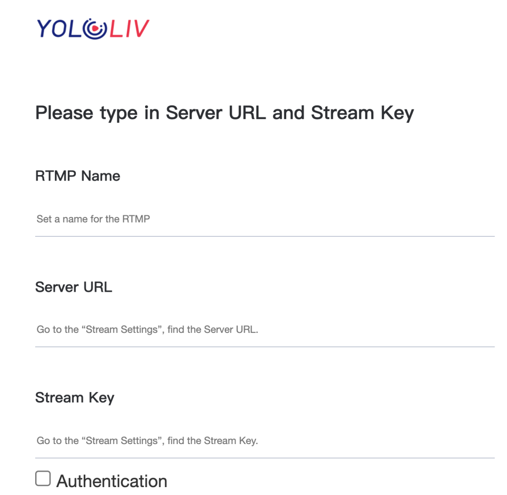 URL do servidor e informações da chave do fluxo - Passo 7 YoloLIV