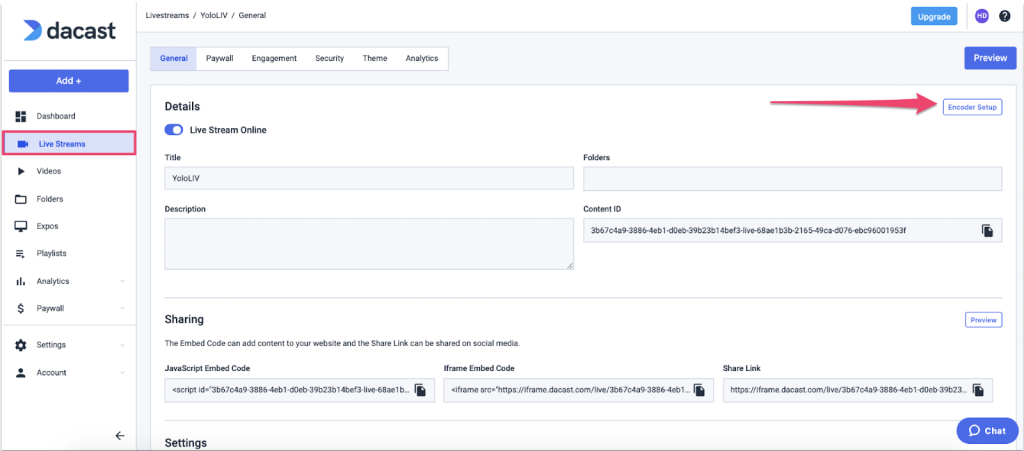 YoloLIV Step 8 - Live streams > encoder setup