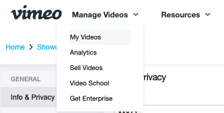 Vimeo Manage Video click on "My Videos"