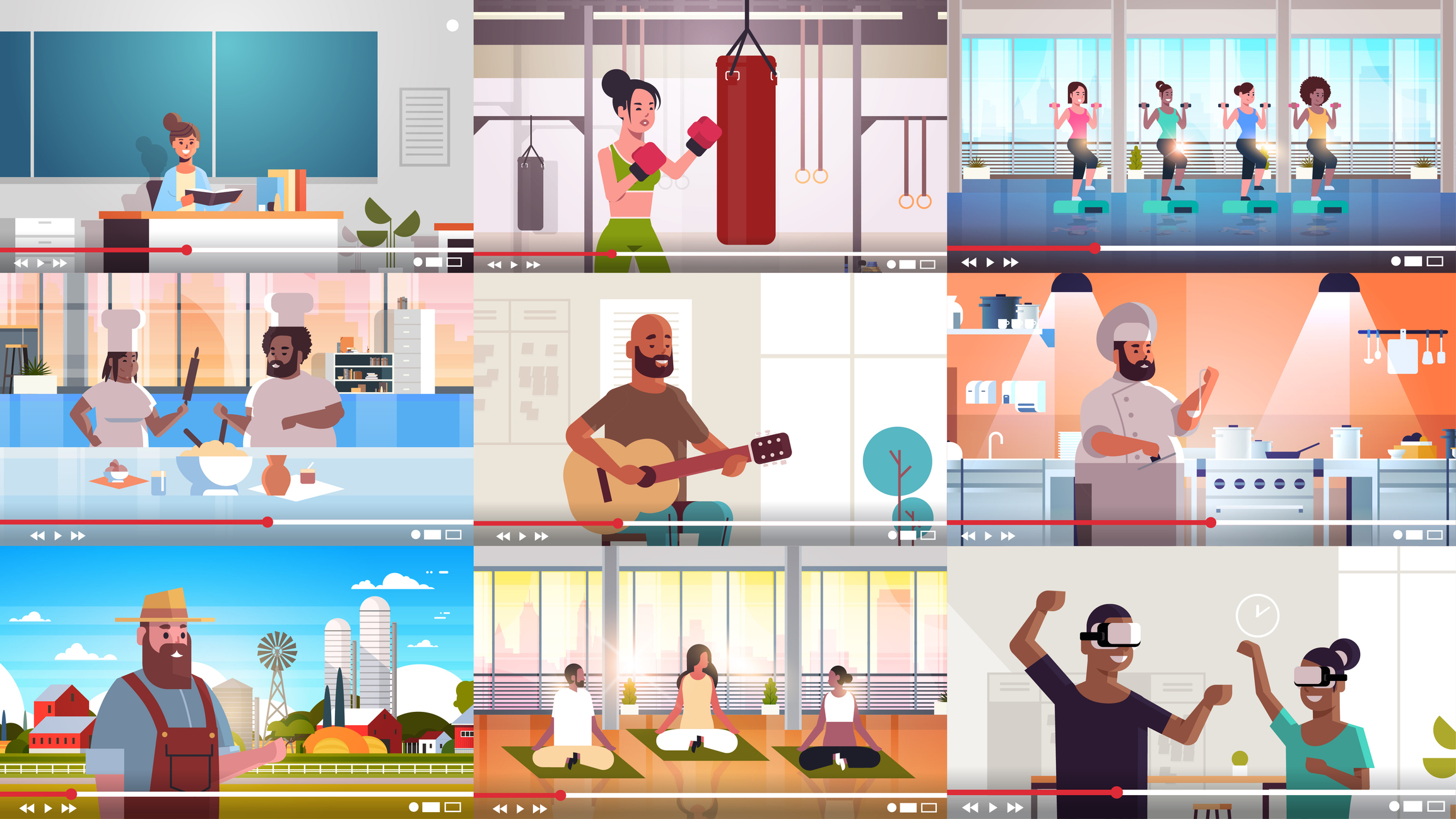 Grid of nine video player screens showing diverse streaming content including fitness, cooking, music, farming, yoga, and VR — illustrating the range of use cases for video platforms.
