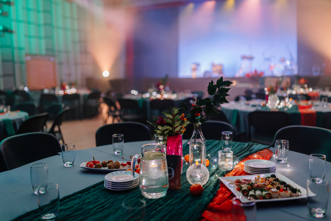 Tables set for a charity gala fundraising event